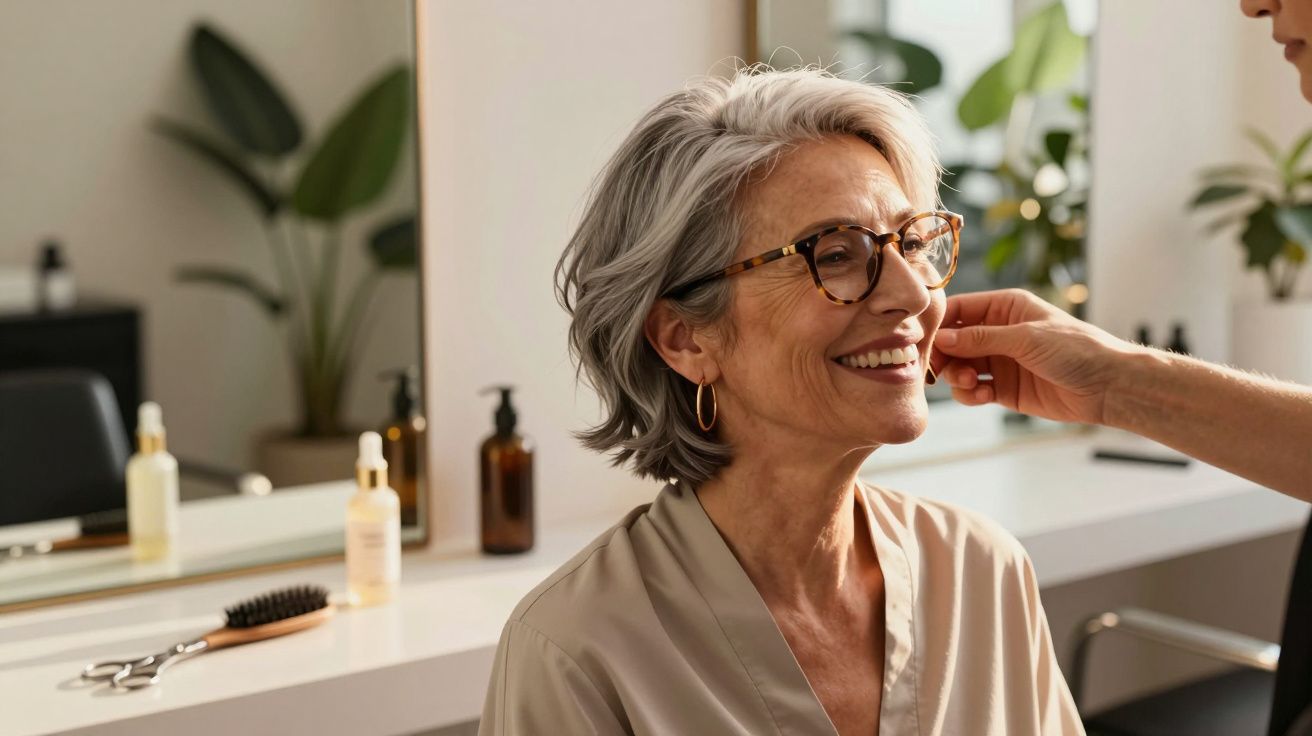 Older woman with glasses smiling while getting makeup applied in a bright salon setting.