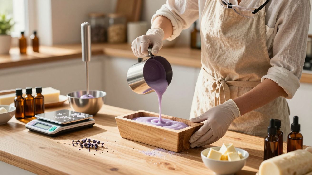Person wearing gloves and apron pouring purple soap mixture into wooden mould on kitchen counter.
