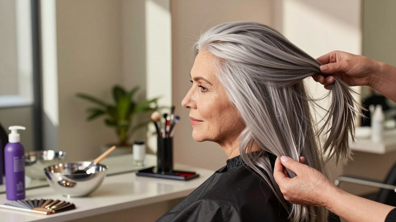 Older woman with long silver hair getting her hair styled in a salon.
