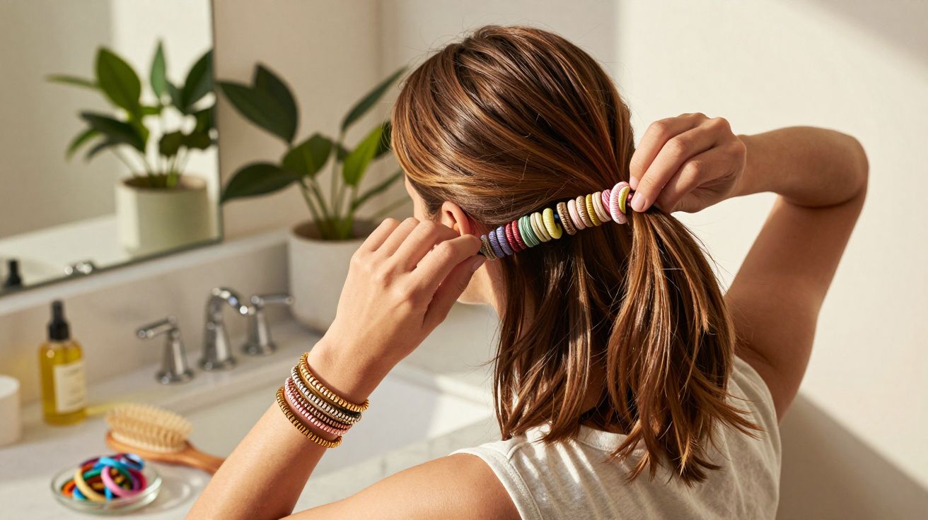 Woman fixing medium brown hair with colourful beaded hair clip in a bathroom with plants and toiletries.