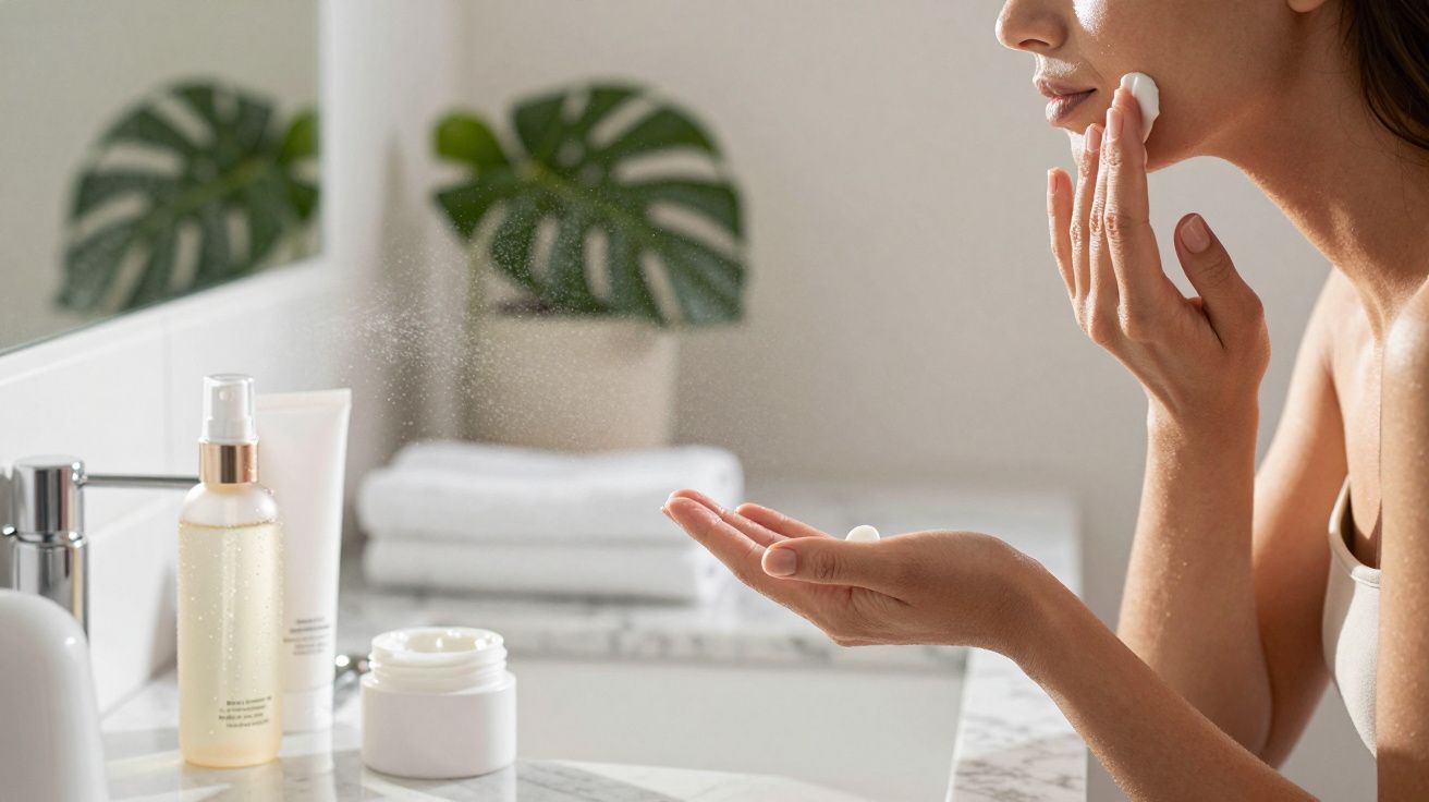 Woman applying facial cream in a bright bathroom with skincare products on the marble countertop