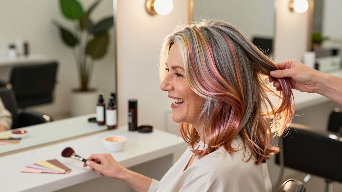Middle-aged woman with pink highlights in hair smiling at salon while stylist lifts hair.