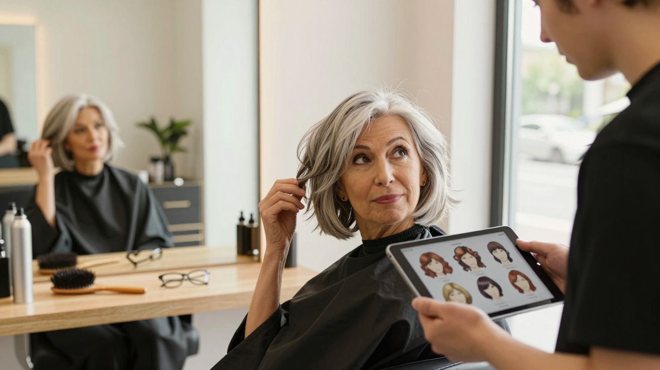 Older woman with grey hair in a salon chair looking at hairstylist showing hairstyle options on a tablet.