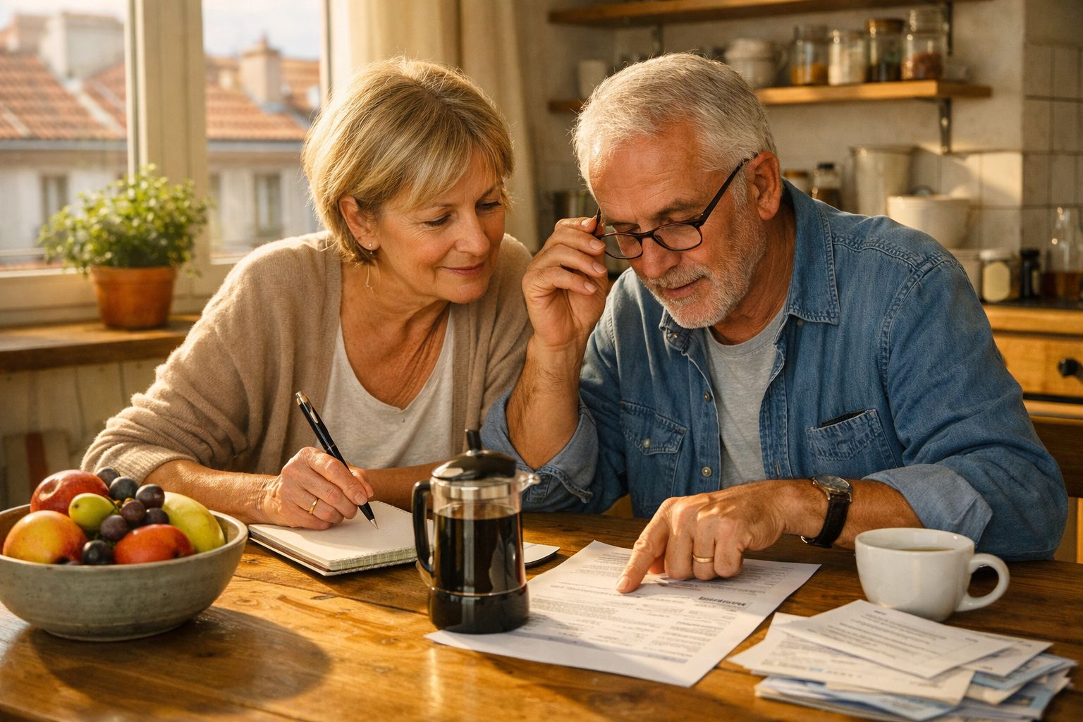 Older couple reviewing documents together at a wooden table in a cozy kitchen with coffee and fruit bowl nearby