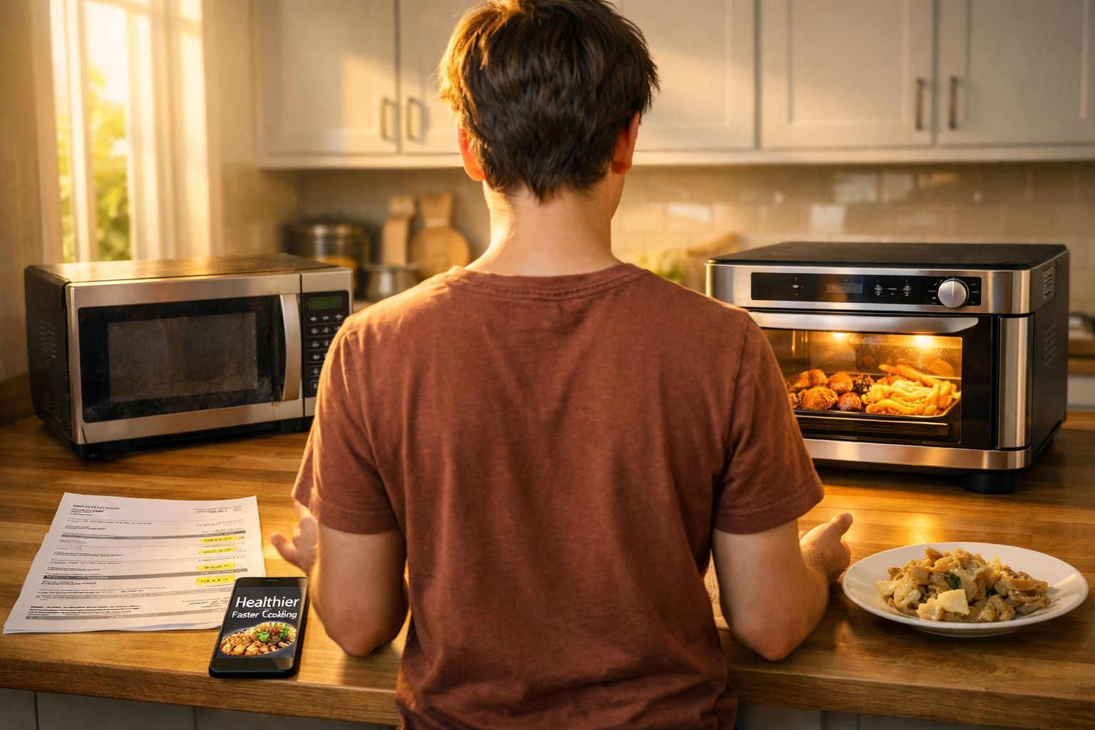 Person facing a counter with a microwave, air fryer cooking food, recipe sheet, smartphone, and a plate of cooked meal.