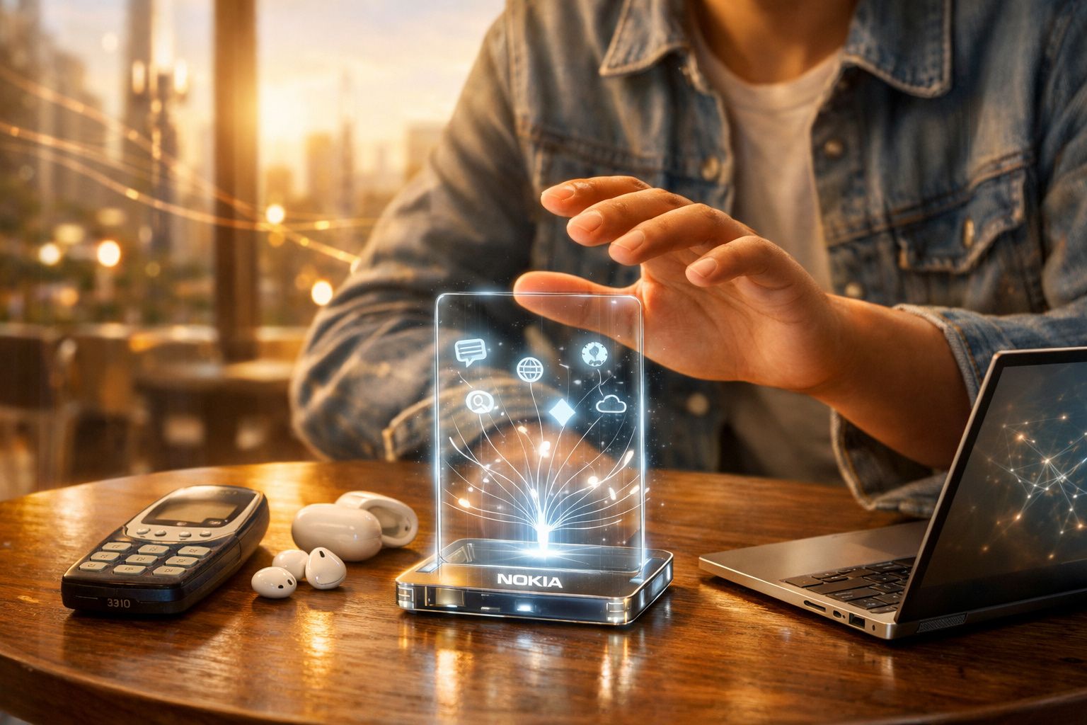 Person interacting with a Nokia holographic display on a wooden table with a mobile phone, wireless earbuds, and laptop.