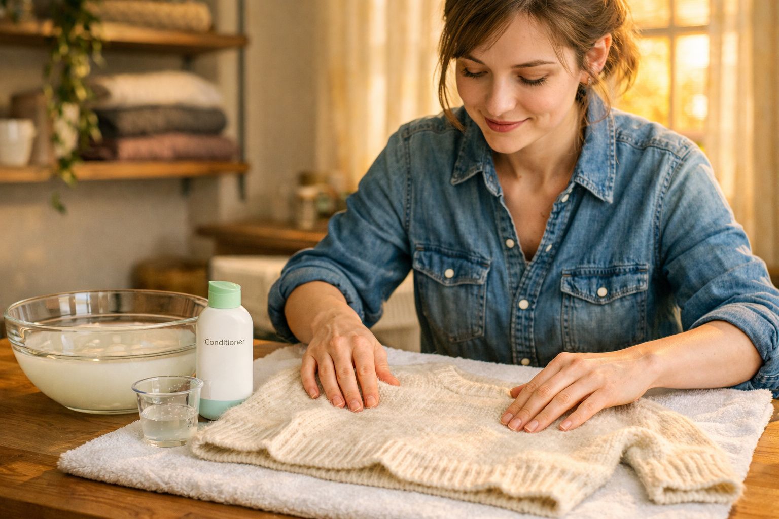 Woman gently washing a knitted sweater by hand at a wooden table with conditioner and water bowl nearby.
