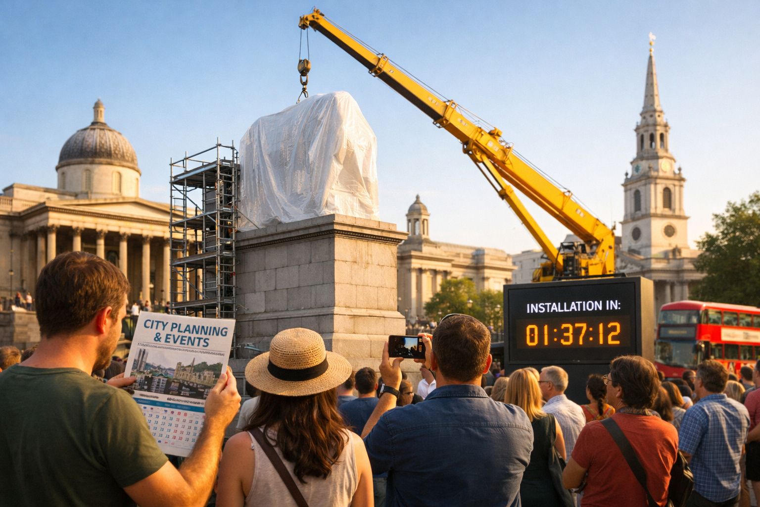 Crowd gathered around a covered statue with a countdown timer and crane in Trafalgar Square, London.