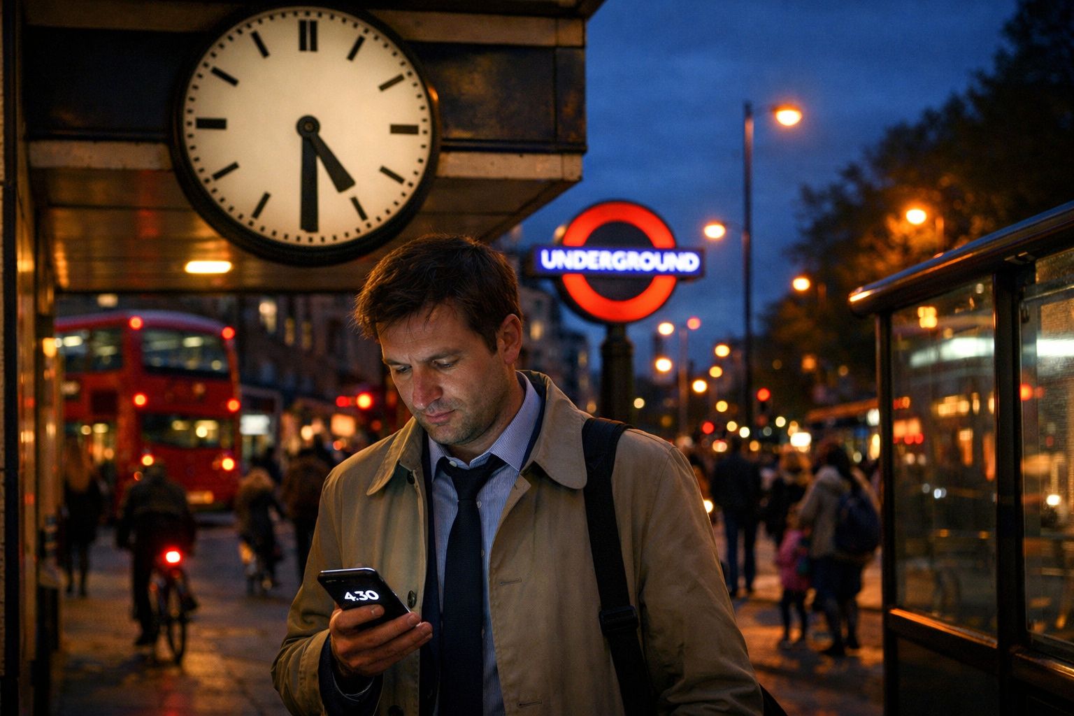 Man in trench coat checking phone under a large clock and Underground sign at dusk on a busy London street.