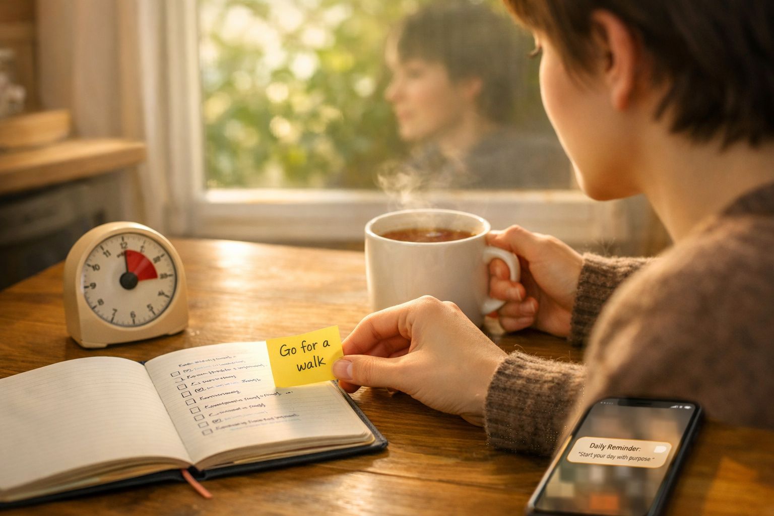Person holding a sticky note saying "Go for a walk" with a hot drink, notebook, timer, and phone on a wooden table.
