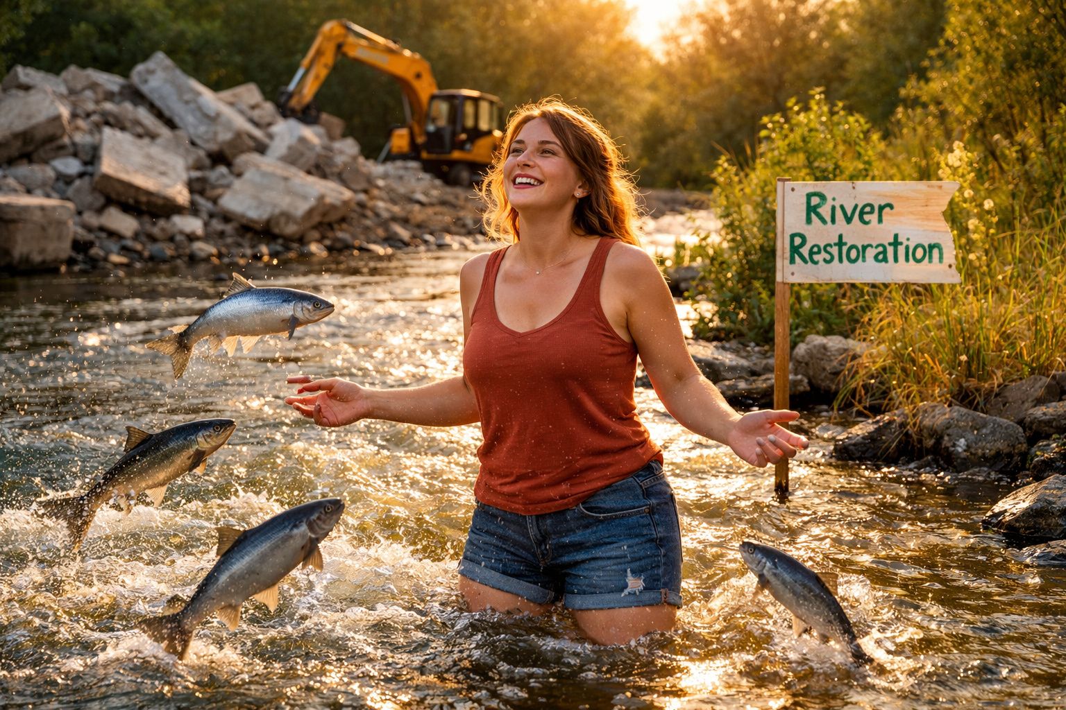 Woman smiling in river surrounded by jumping fish near a sign reading River Restoration at sunset