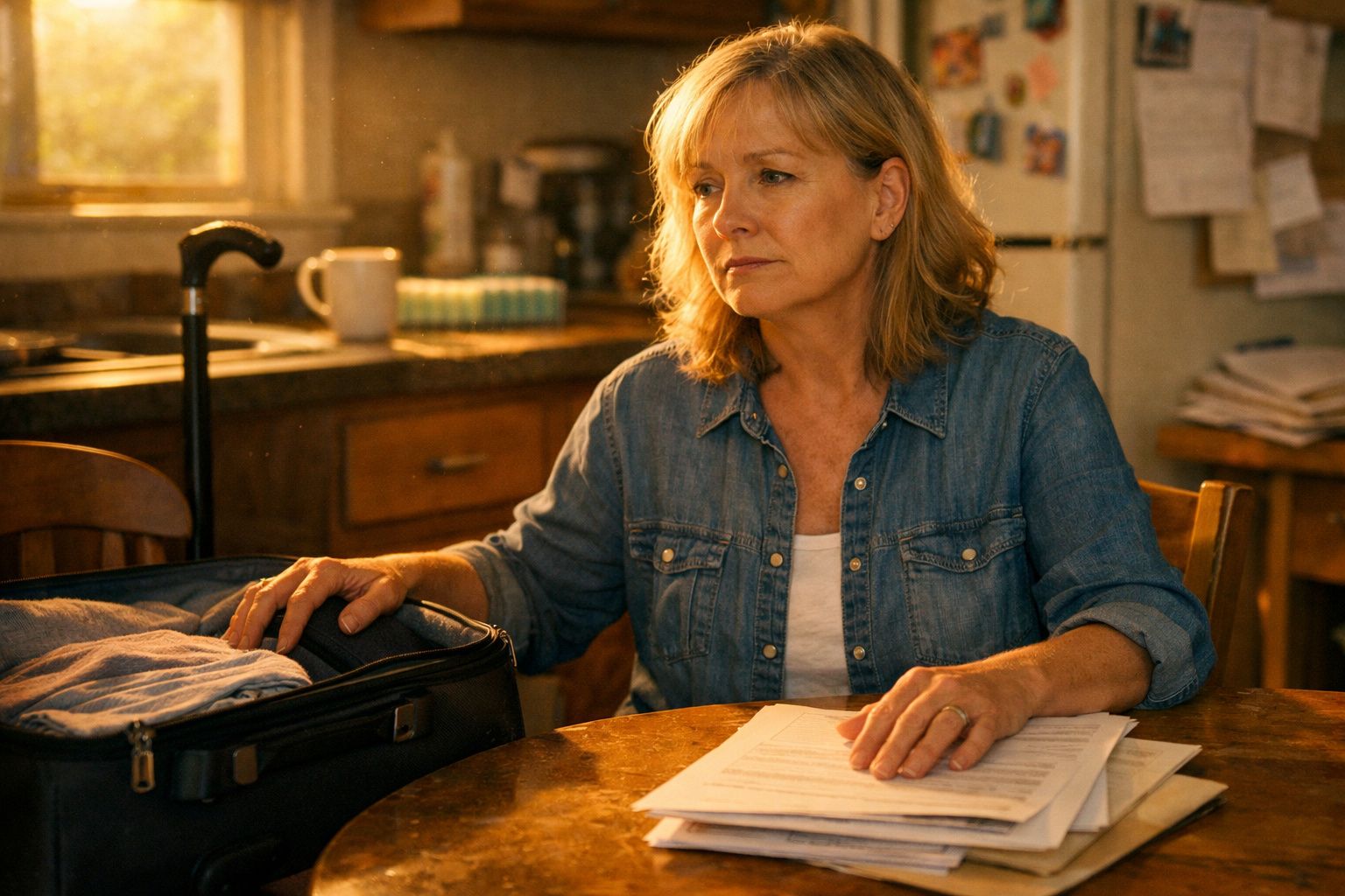 Woman in denim shirt sitting at a kitchen table with papers and a packed suitcase, looking thoughtful.