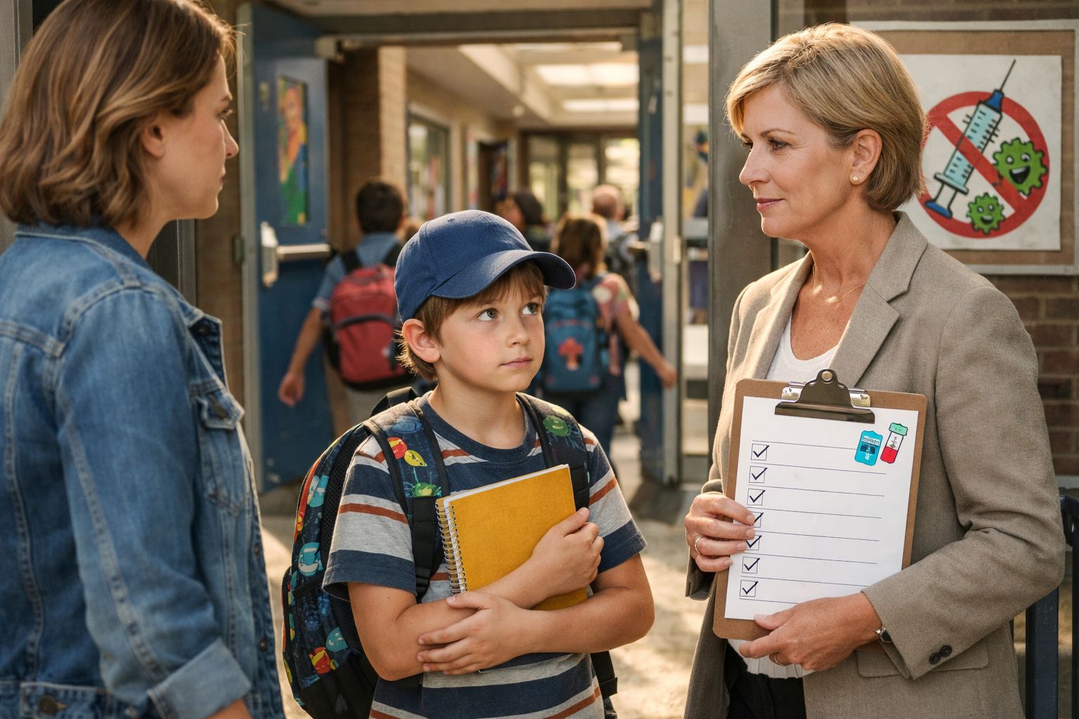Teacher holding checklist talks to young student and parent in school hallway near anti-vaccine poster.