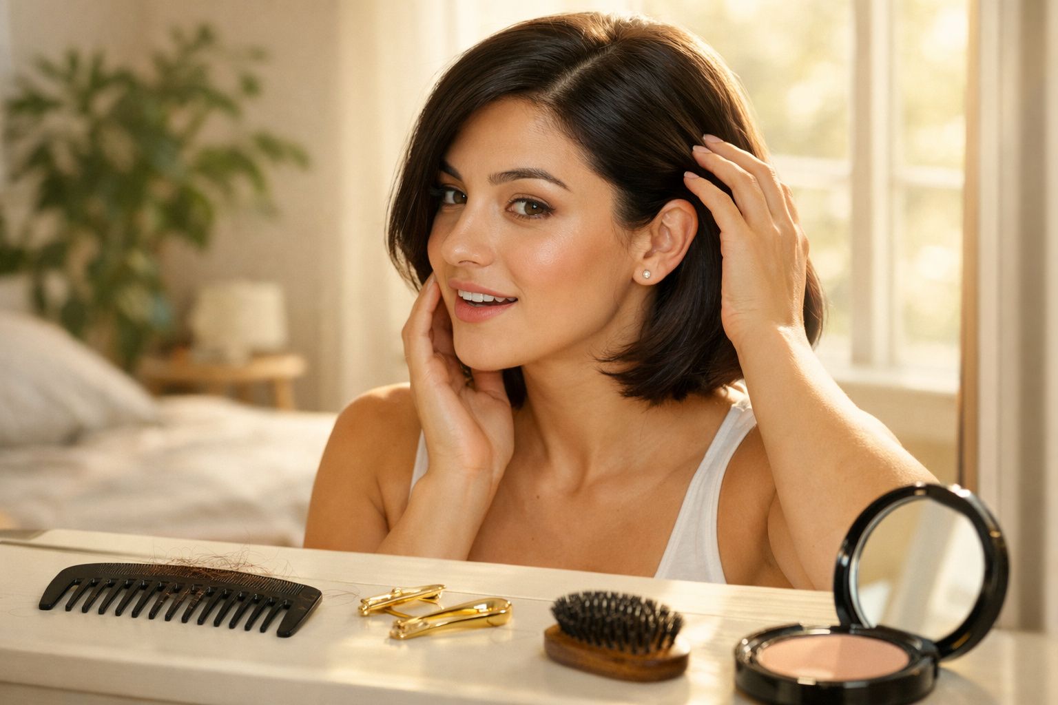 Young woman touching hair and smiling in front of mirror with hairbrush and comb on the counter
