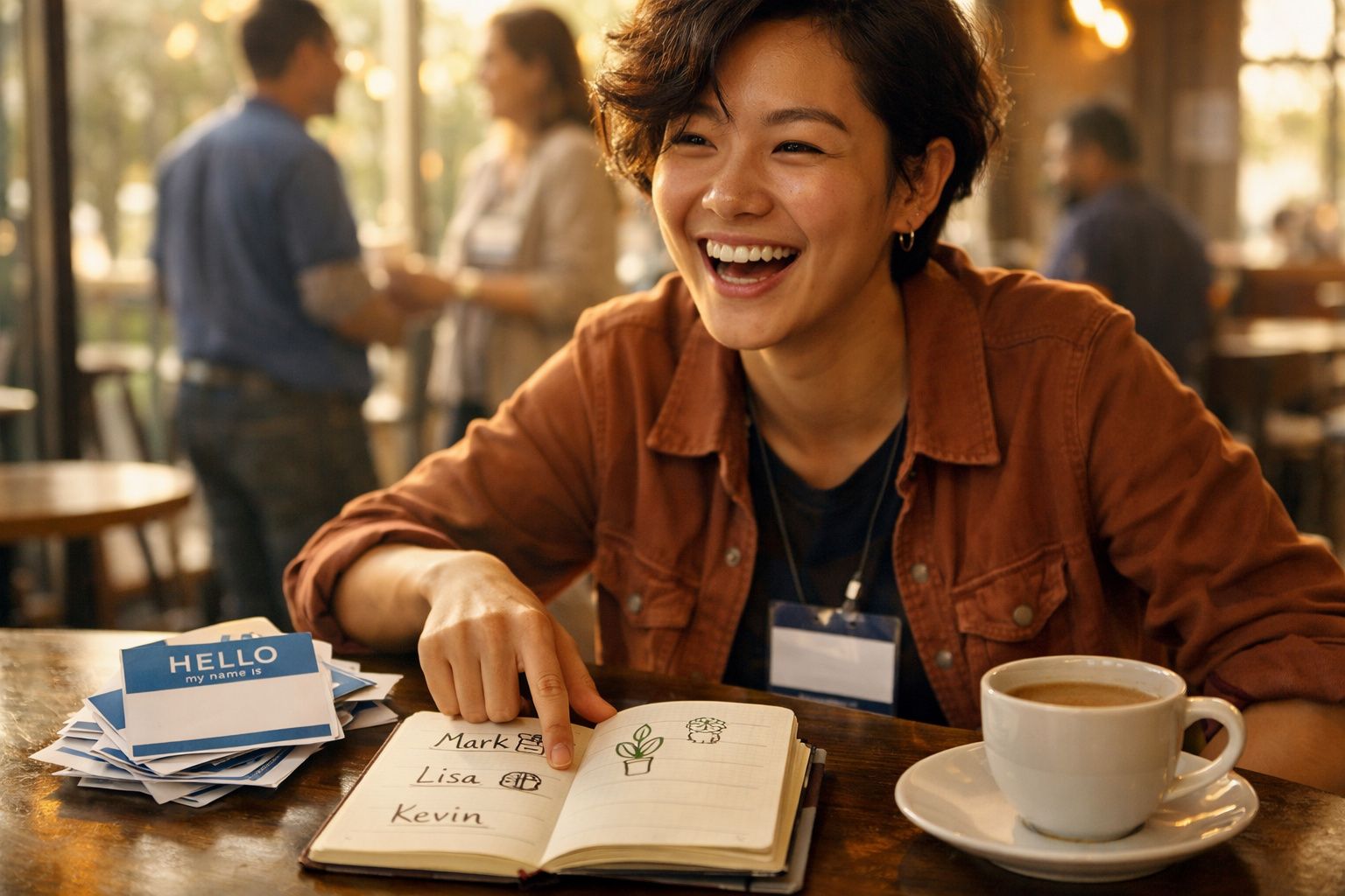 Smiling woman pointing at names in a notebook with a coffee cup and name tags on a cafe table.