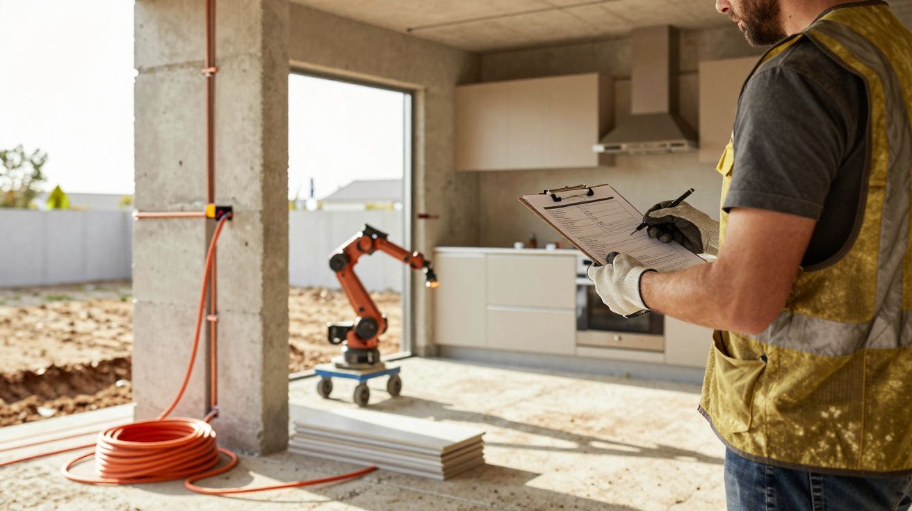 Worker with clipboard in unfinished kitchen, robotic arm on wheels in foreground, concrete walls, and construction materials.