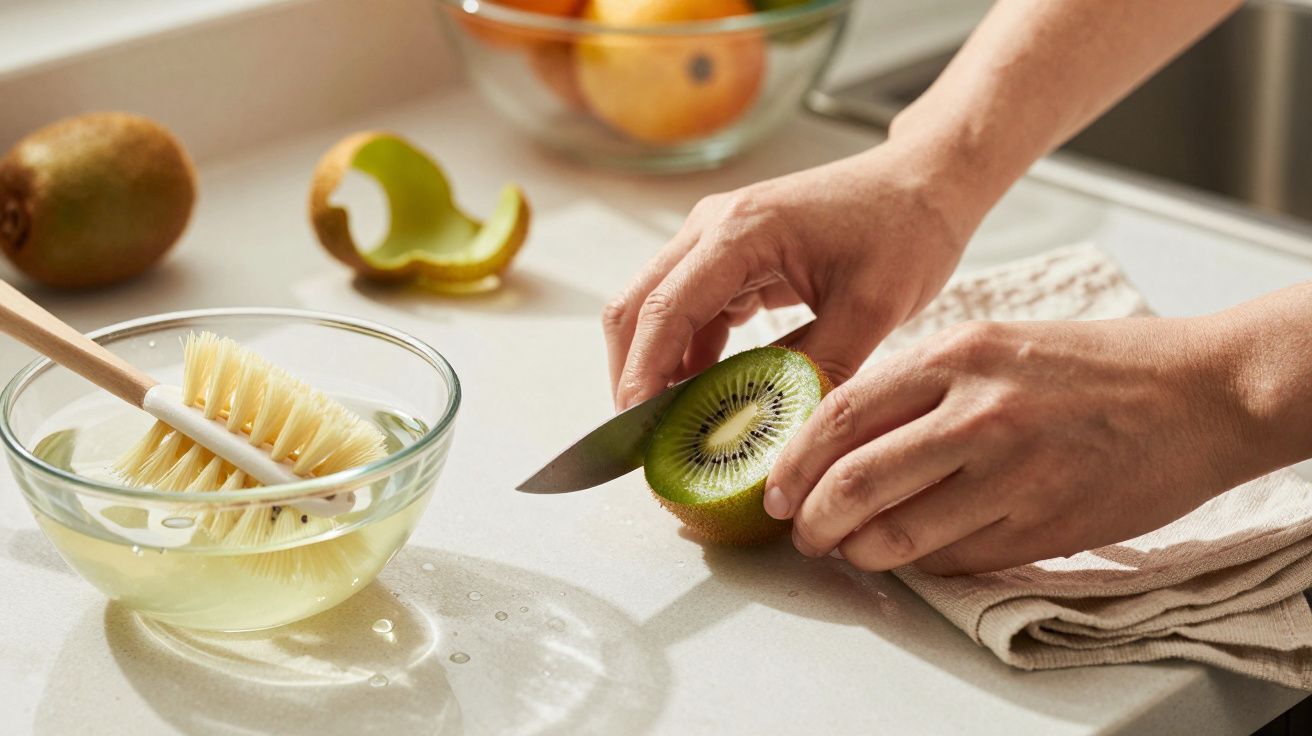Person slicing a kiwi on a kitchen counter next to a bowl of fruit and a cleaning brush in water.