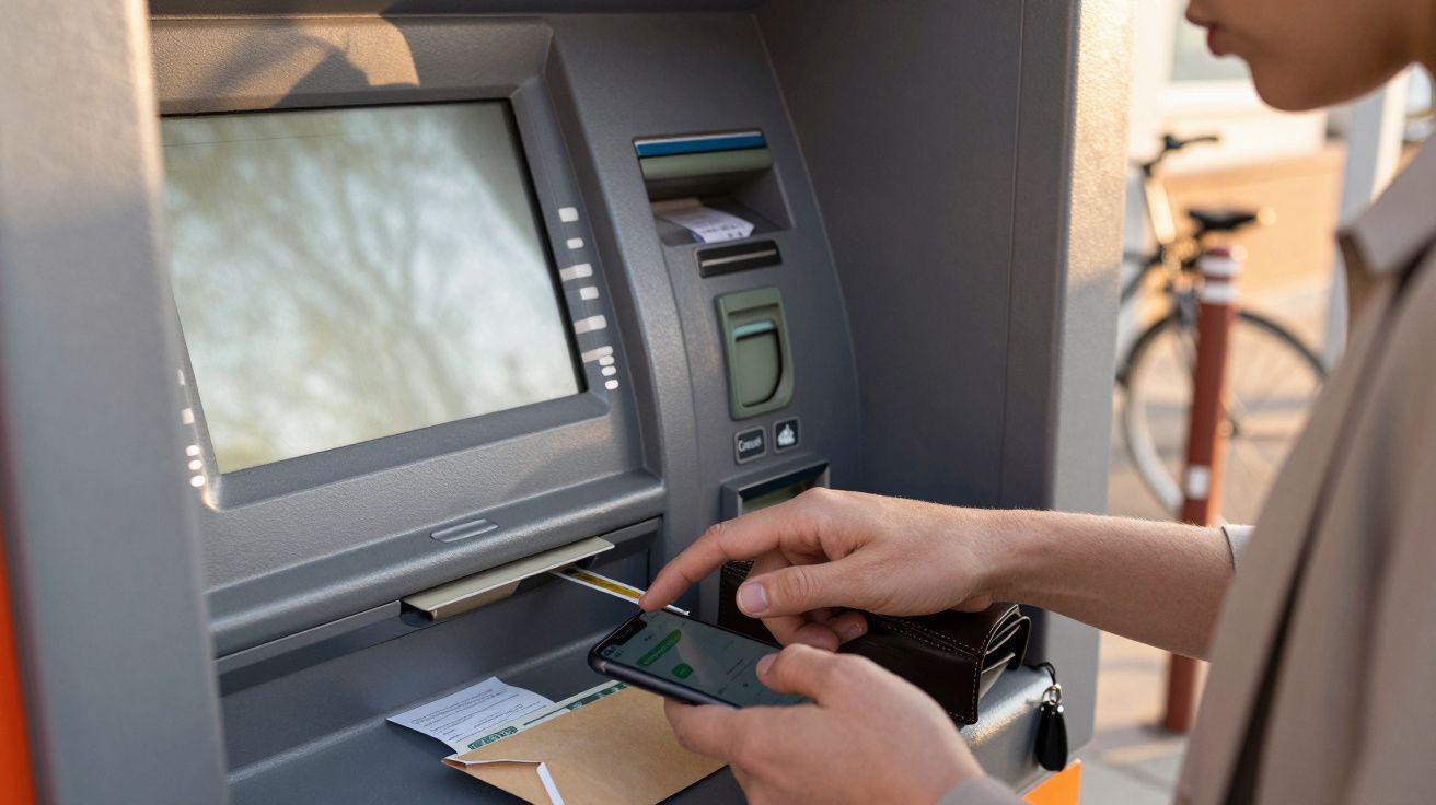 Person using a mobile phone at an ATM with a bicycle in the background.
