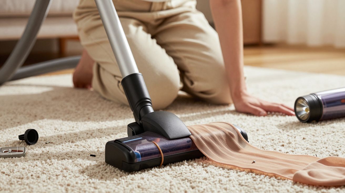 Person kneeling on carpet, using a vacuum cleaner with a snagged stocking on the brush head.