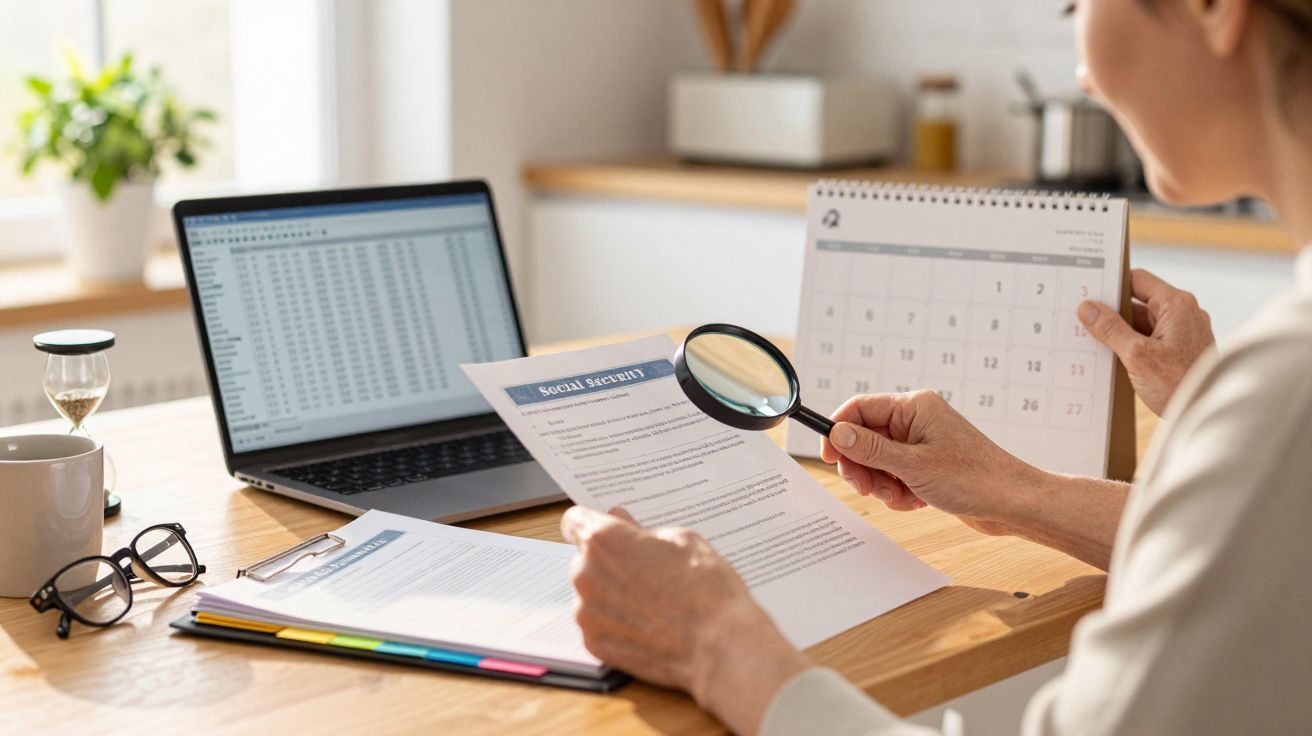 Person examining documents with a magnifying glass, laptop and calendar on a wooden desk.