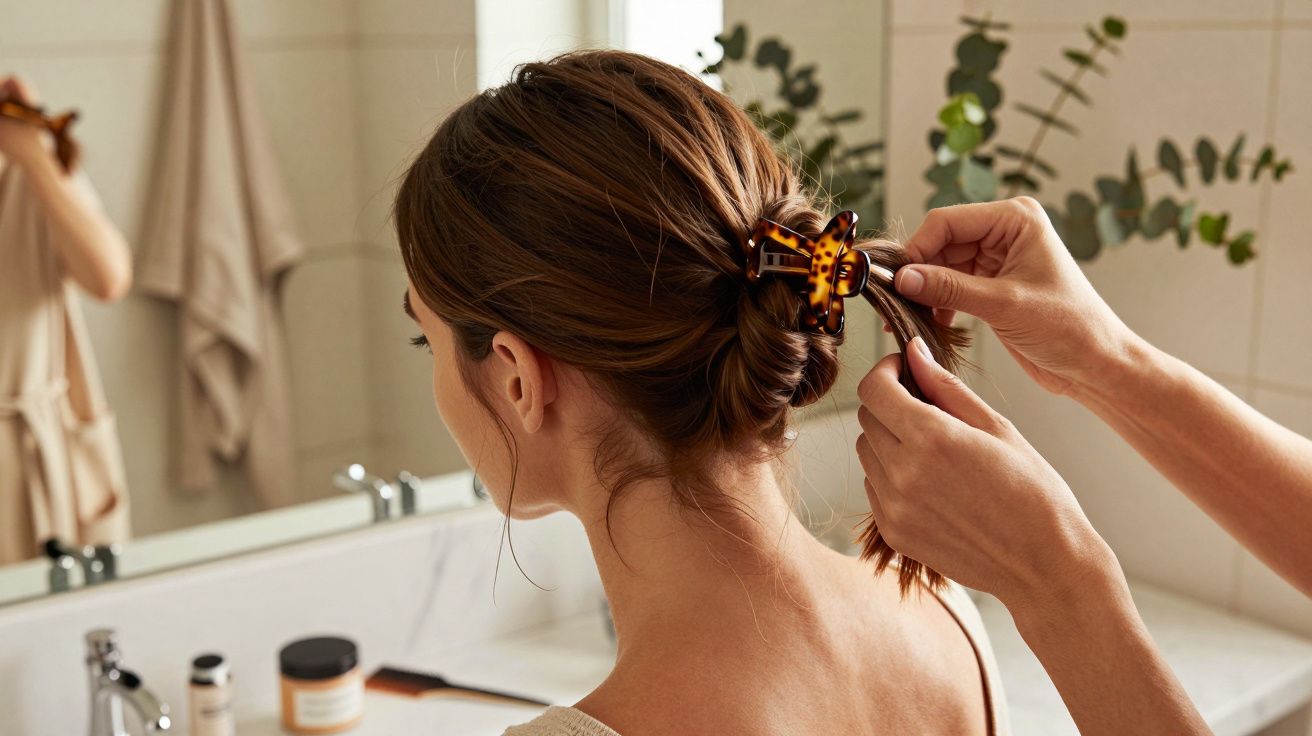Person styling woman's hair with a tortoiseshell clip in a bathroom with potted plants in the background.