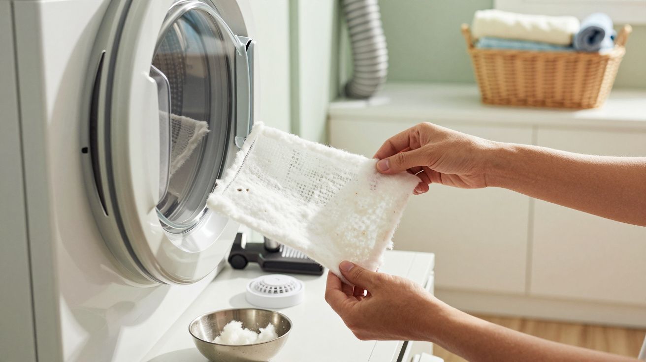 Hands holding a lint filter removed from a dryer, with a bowl of lint and laundry basket in the background.