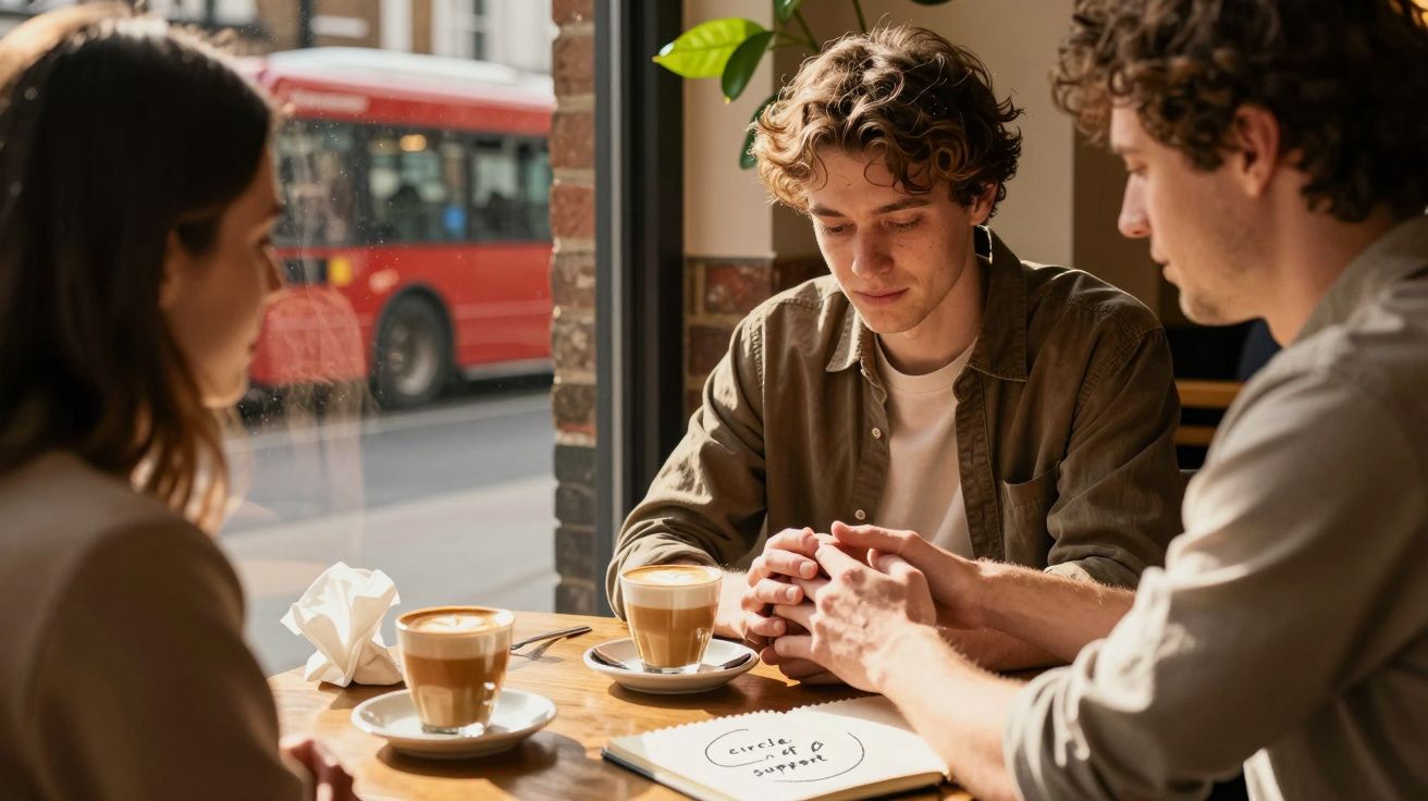 Three people seated at a café table with coffees, engaged in conversation, a red bus visible outside the window.