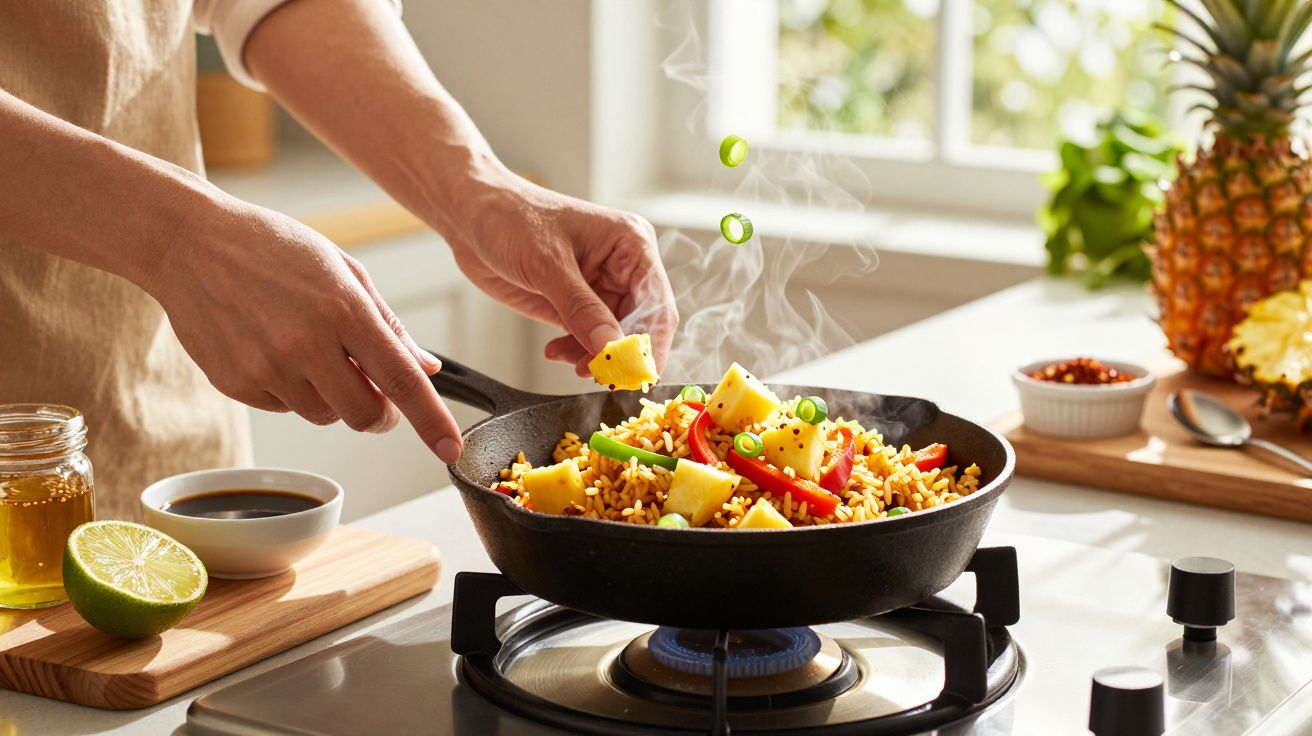 Person cooking fried rice with vegetables and pineapple in a pan on a hob, surrounded by fresh ingredients.