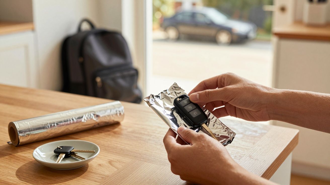 Hands wrapping car key fob in foil on a wooden table, with a bowl of keys, foil roll, and backpack in the background.
