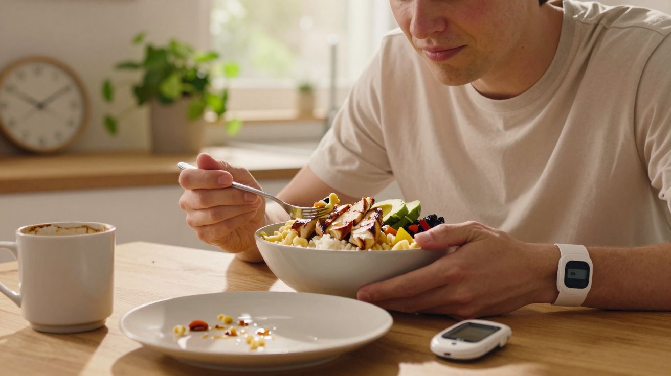 Man eating a salad at a wooden table with a mug, an empty plate, and a blood glucose monitor nearby.