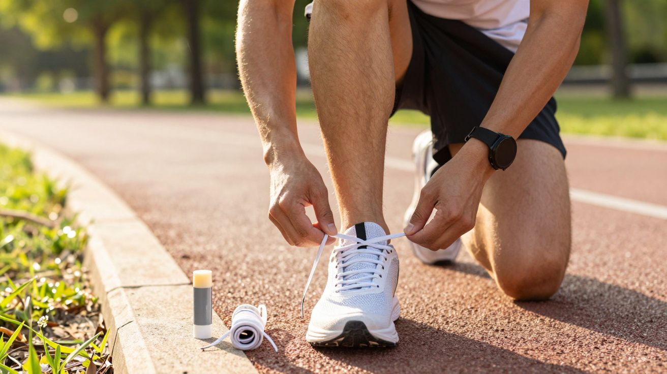 Person kneeling on a running track, tying the laces of white trainers, with a smartwatch on wrist.