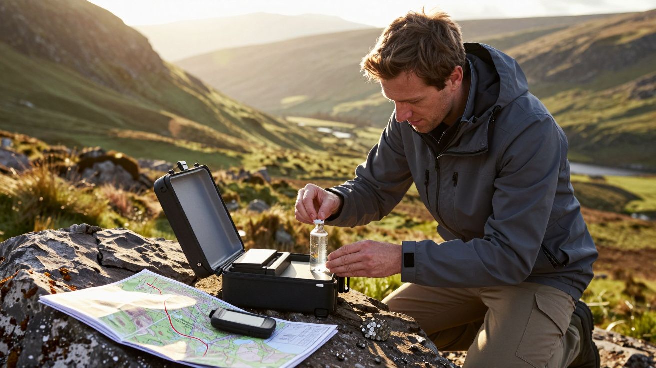 Man testing water sample on rocky hillside, map and case beside him, in scenic mountainous landscape.
