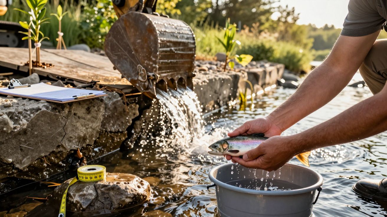 Man holding a fish over a bucket near a stream; measuring tape and clipboard on rocks beside excavator arm pouring water.