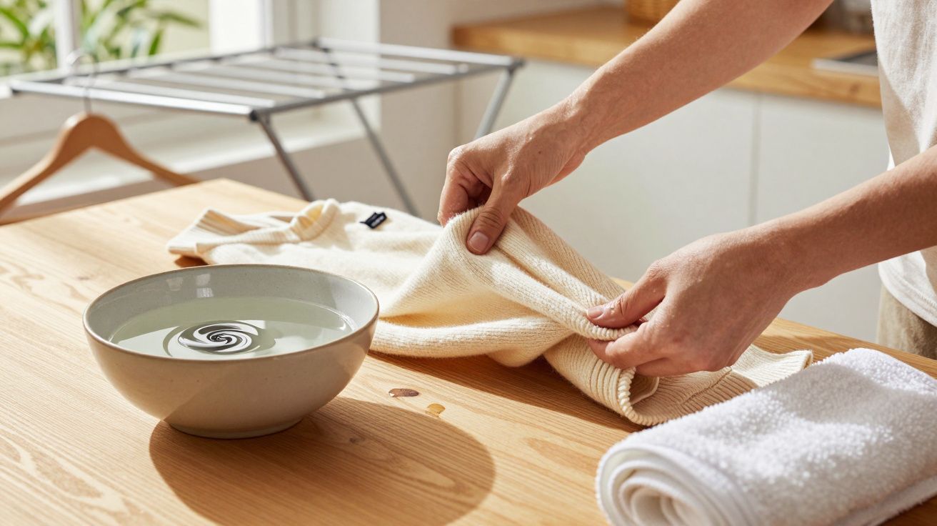 Person hand-washing a cream sweater on a wooden table near a bowl of water and a white towel in a sunlit room.