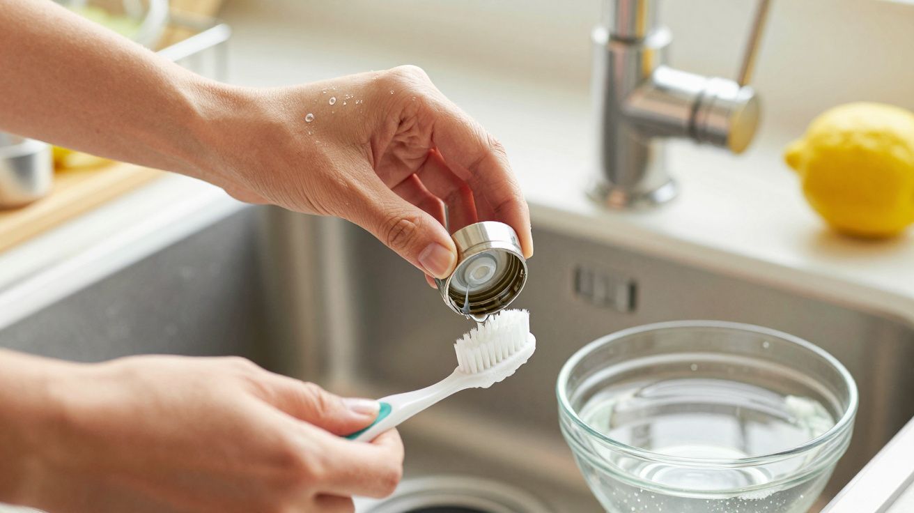 Hand pouring liquid onto toothbrush over a kitchen sink with lemon and glass bowl nearby.