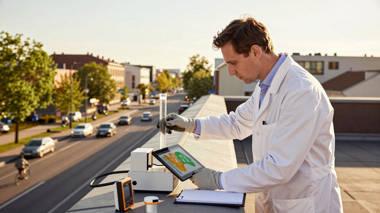 Scientist in a lab coat using a tablet outdoors on a rooftop, analysing air quality with traffic in the background.