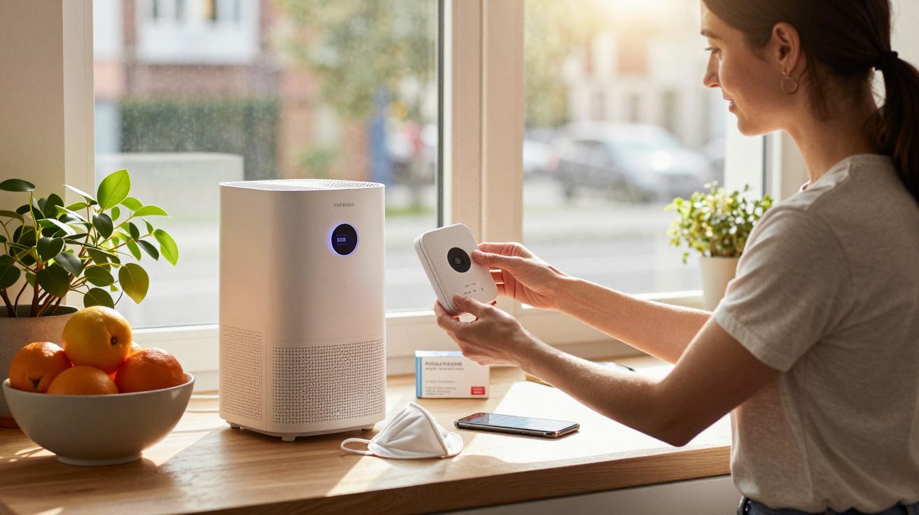 Woman adjusting a smart air purifier by a window, with a phone and face mask nearby on a sunlit table.
