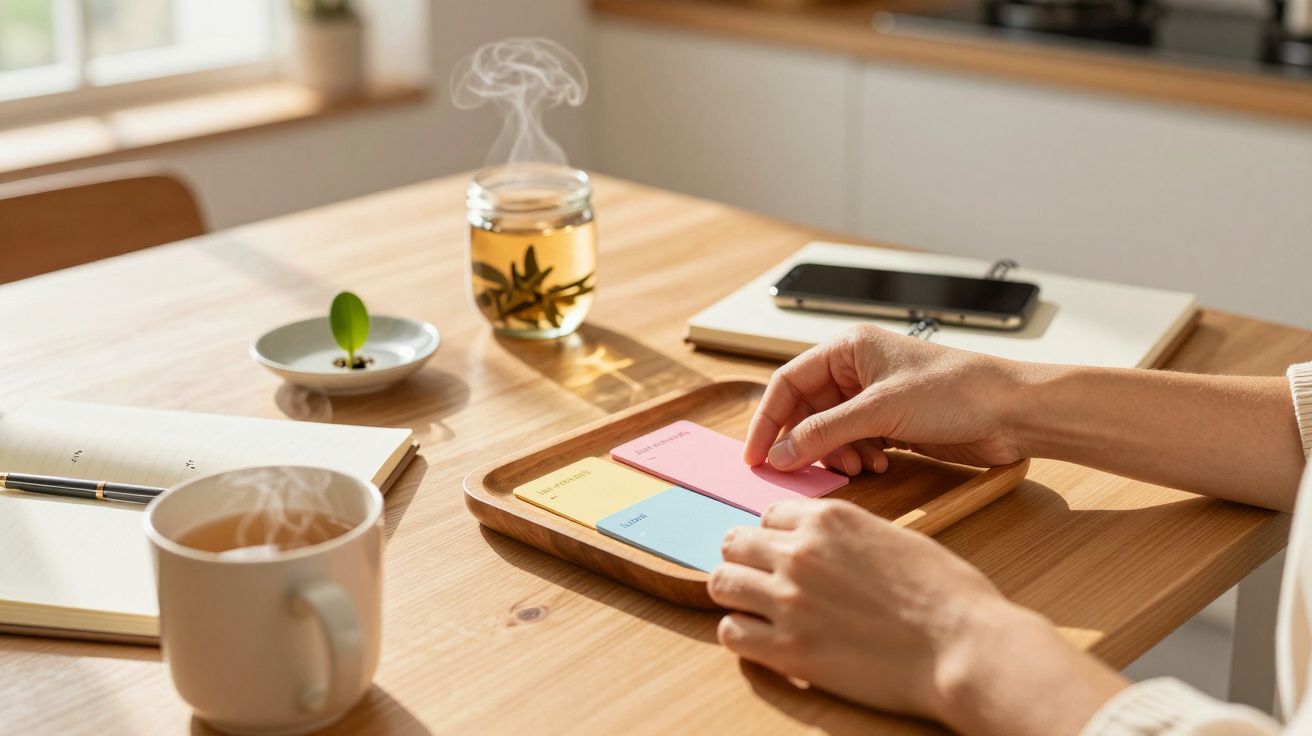 Person arranging colourful cards on a tray at a wooden table with tea, notebook, and smartphone nearby.