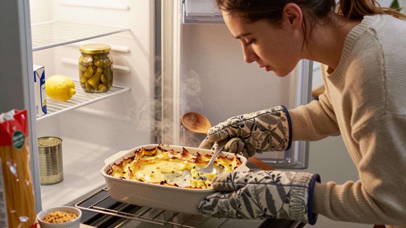 Woman wearing oven mitts removes steaming pasta bake from oven in a kitchen.