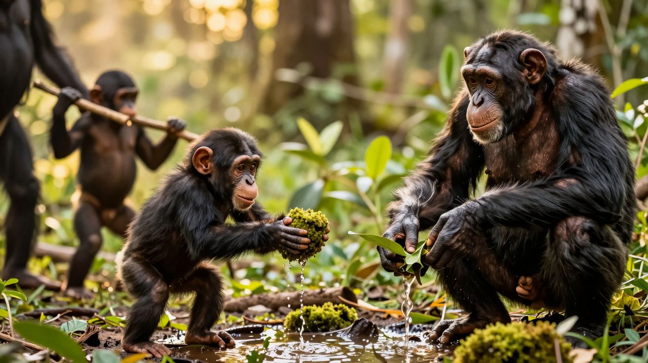 Chimpanzee family in forest; young chimp plays with moss near water, watched by an adult, another nearby with stick.
