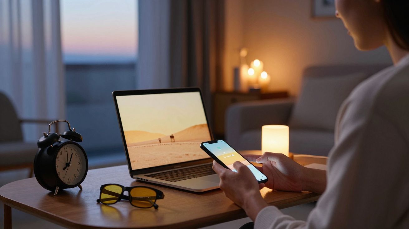 Person using a smartphone at a table with a laptop, glasses, clock, and candle in a dimly lit room.