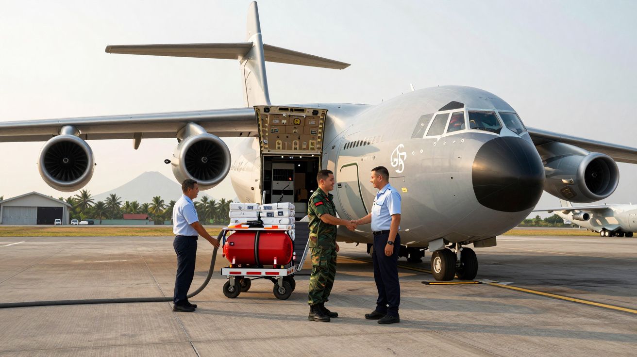 Aircraft on runway, two men shaking hands beside an open cargo hold, with a trolley carrying equipment nearby.