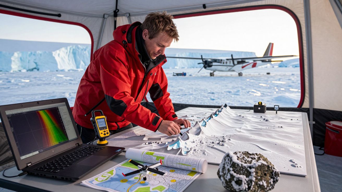 Researcher in a red jacket studying a snow model in an Antarctic tent, with a laptop and a plane in the background.