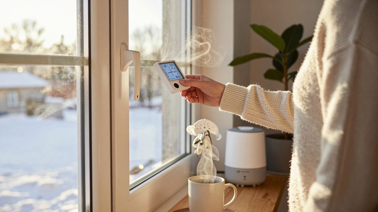 Person in sweater checking indoor air quality monitor near open window, with morning light and coffee steam visible.