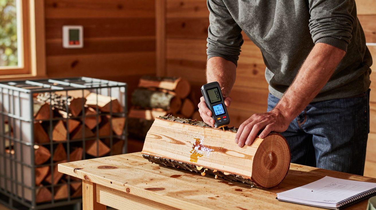 Person using a digital meter to measure moisture in a log on a wooden table, with stacked firewood in the background.