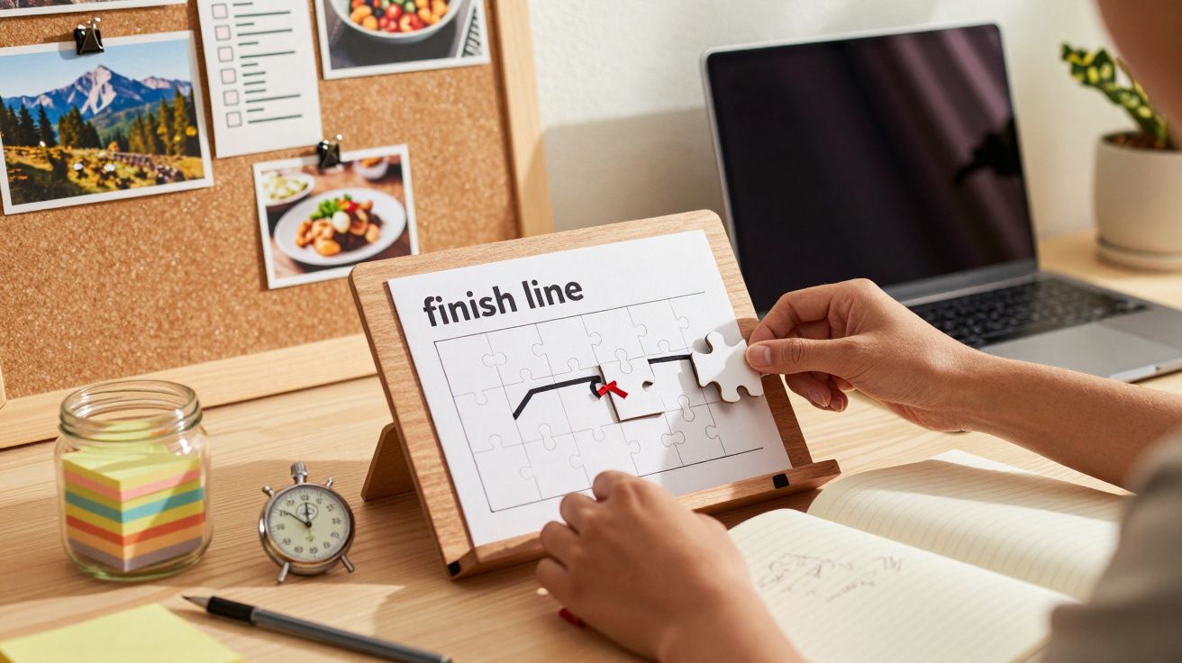 Person adding final puzzle piece to complete image of a track leading to a finish line, on a desk with laptop and notes.