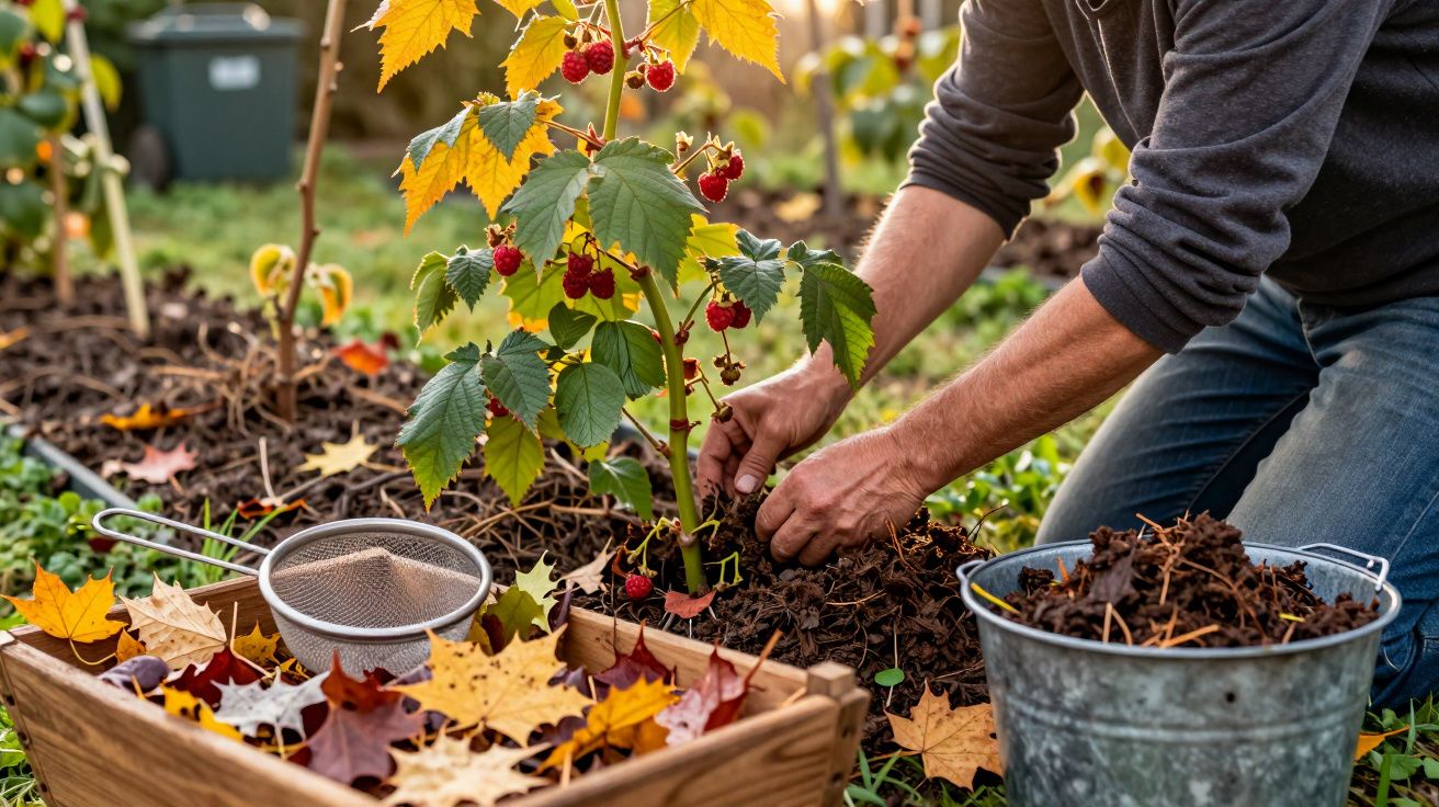 Gardener planting a small raspberry bush in autumn, with fallen leaves around and a metal bucket nearby.