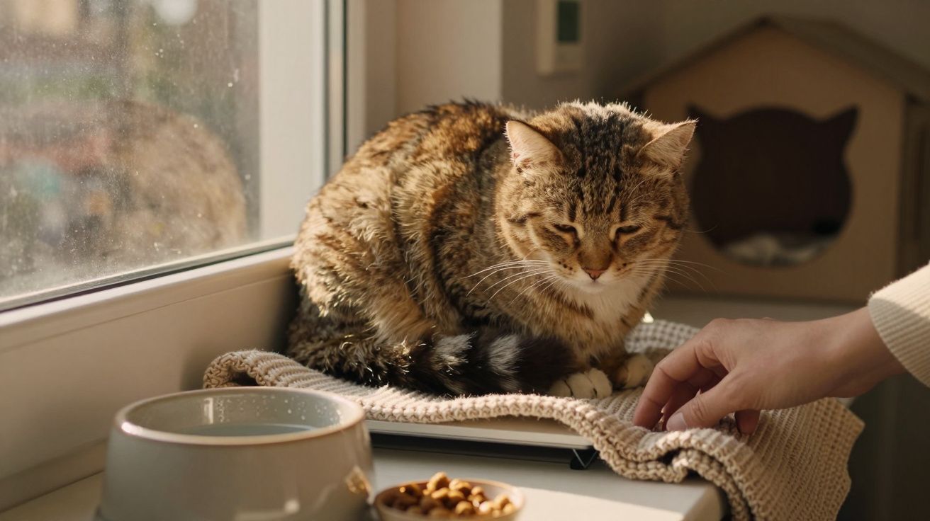 Tabby cat resting on a windowsill beside a water bowl and food, with a hand gently petting it.