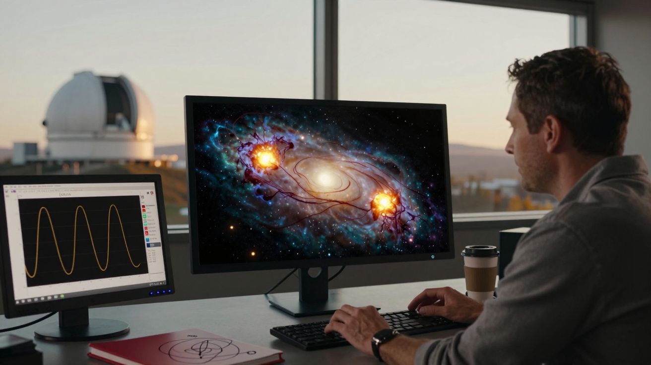 A man analyses cosmic data on dual monitors in an office with an observatory visible through the window.