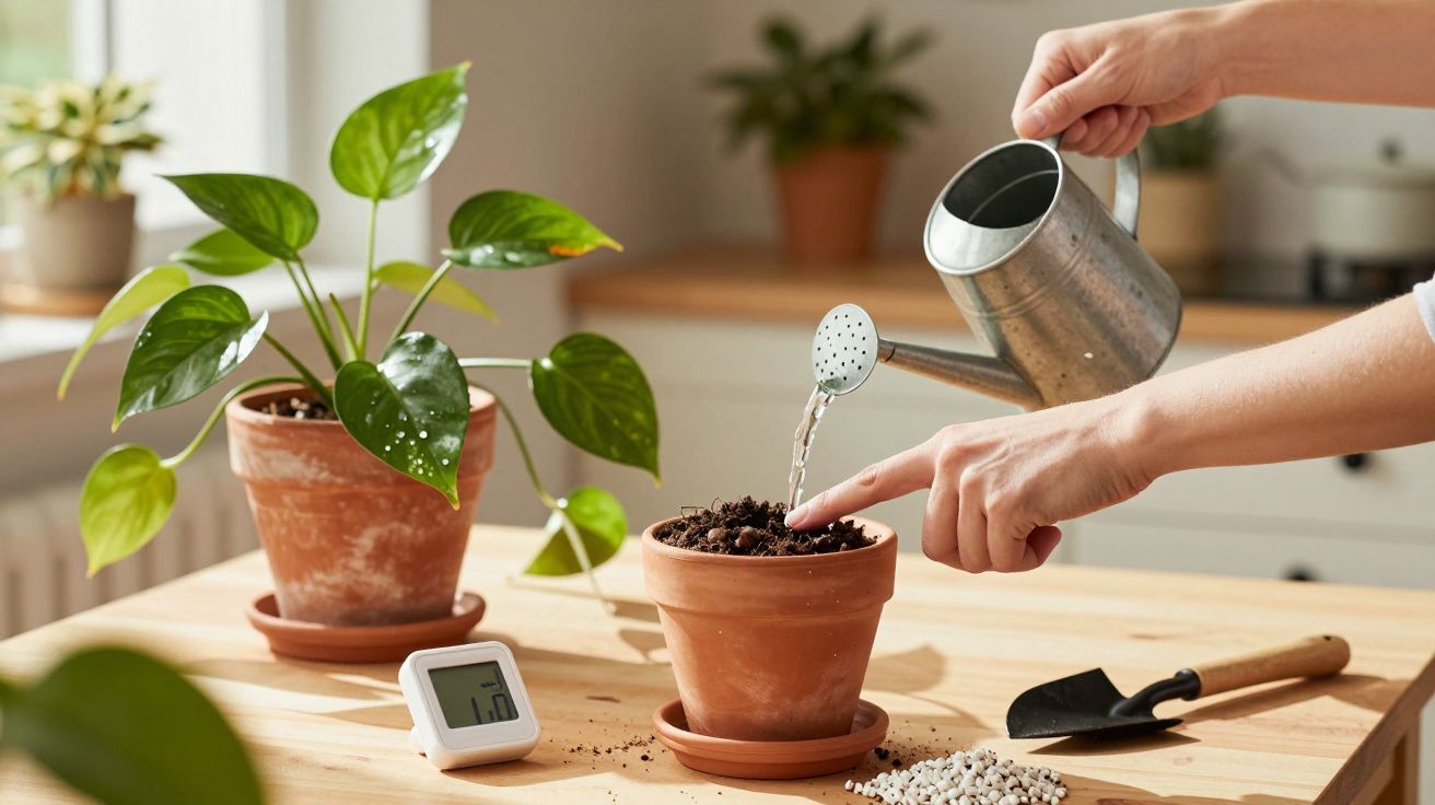 Person watering potted plant on wooden table with small gardening tools and digital thermometer nearby.